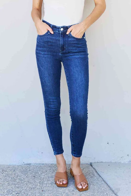 Judy Blue Marie Mid Rise Crinkle Ankle Skinny Jeans Chic Faded Blue Jeans