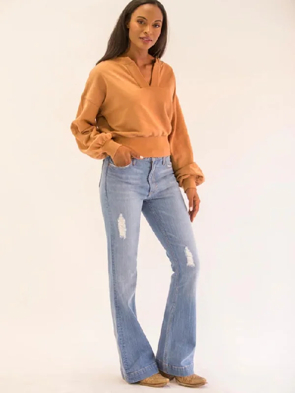 Kimes Ranch SUGAR FADE Womens Jennifer High Rise Flare Jeans Light Blue Elegant Raw Hem Jeans