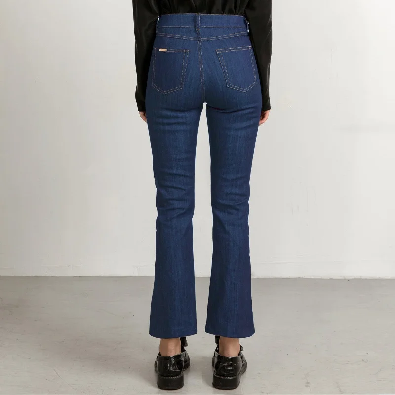 Cropped Mid Blue Flared Jeans With Sand Stitch Stylish High-Waist Jeans
