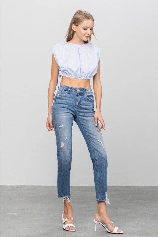 Mid Rise Slim Girlfriend Jeans Comfortable Full-Length Denim Jeans