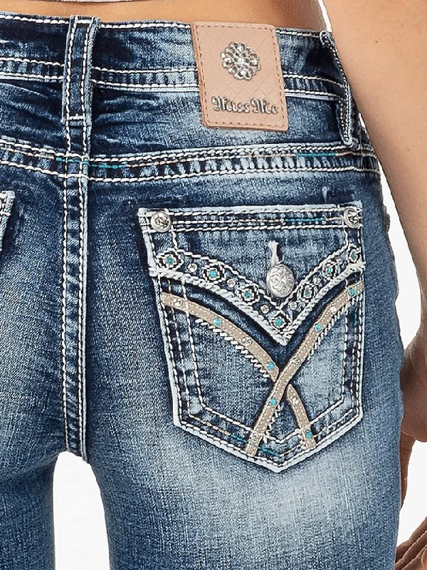 Miss Me M3444B55 Womens Aztec Bootcut Jeans Dark Blue Stylish Slim Fit Denim