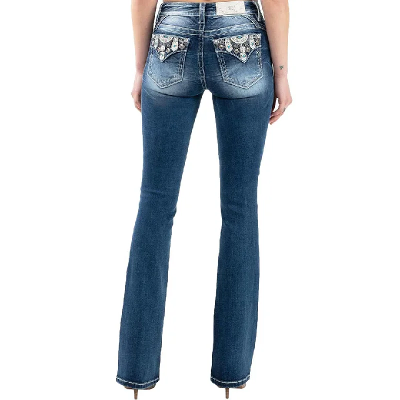 Miss Me Women's Aztec Faux Flap Bootcut Jeans Stylish Stone-Wash Denim Jeans