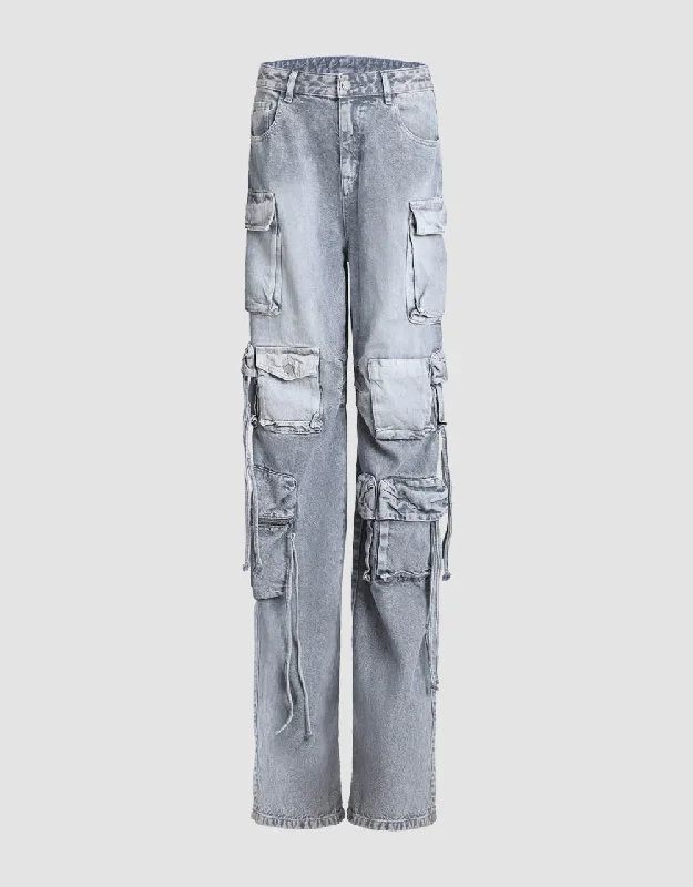 Multi-Pocket Straight Jeans Fashionable Raw Hem Bootcut Jeans