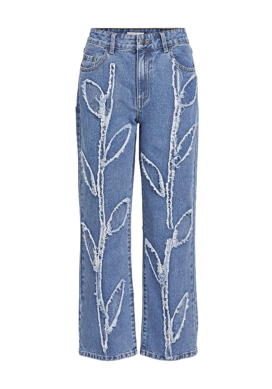 Object Fray Leaf Design Straight Leg Jeans, Medium Blue Denim Comfortable Mid-Rise Jeans