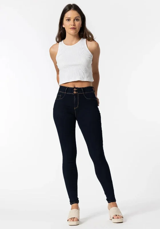 Tiffosi One Size High Rise Skinny Jeans, Dark Blue Denim Comfortable Drawstring Waist Jeans