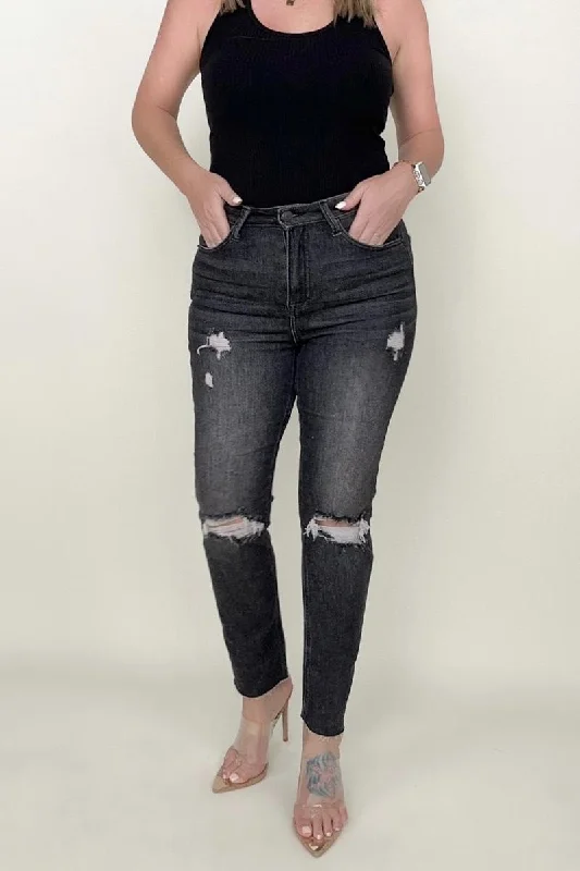 Risen High Rise Slim Straight Cropped Raw Hem Jeans Fashionable Cropped Denim Jeans