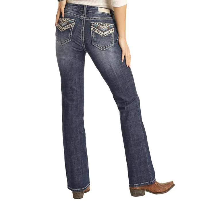 Rock & Roll Denim Women's Leopard Detail Stretch Bootcut Jeans Fashionable Relaxed Fit Denim