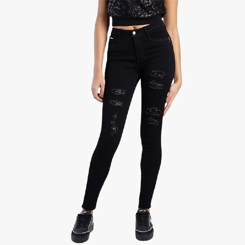 Sissy Boy Axel Rip Repair With Sequin Jeans Black Casual Loose Fit Jeans