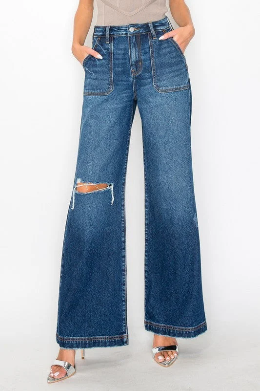 ULTRA HIGH RISE RELAXED FLARE JEANS Casual Distressed Denim Jeans
