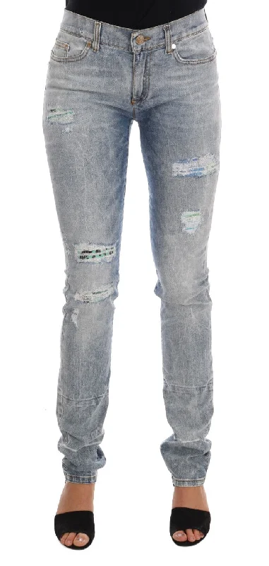 Versace Jeans Chic Light Blue Torn Slim Fit Jeans Elegant Raw Hem Jeans