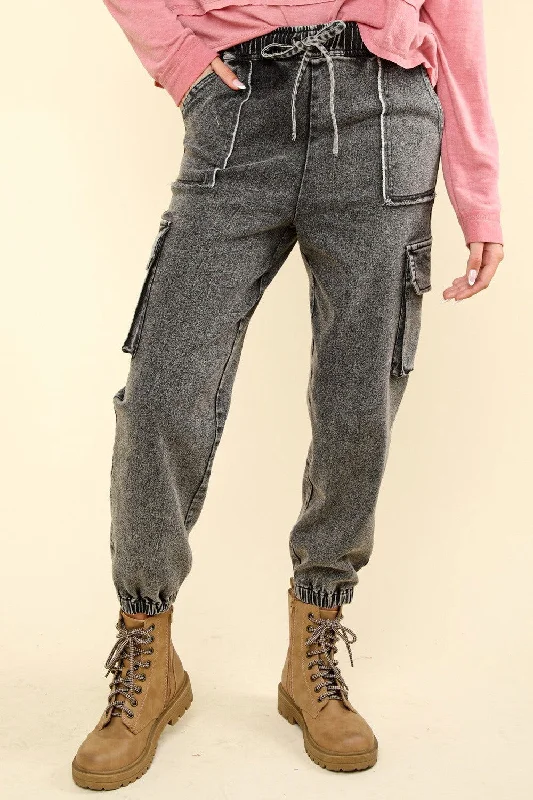 VERY J Washed Drawstring Jogger Cargo Jeans Chic Ripped Jeans