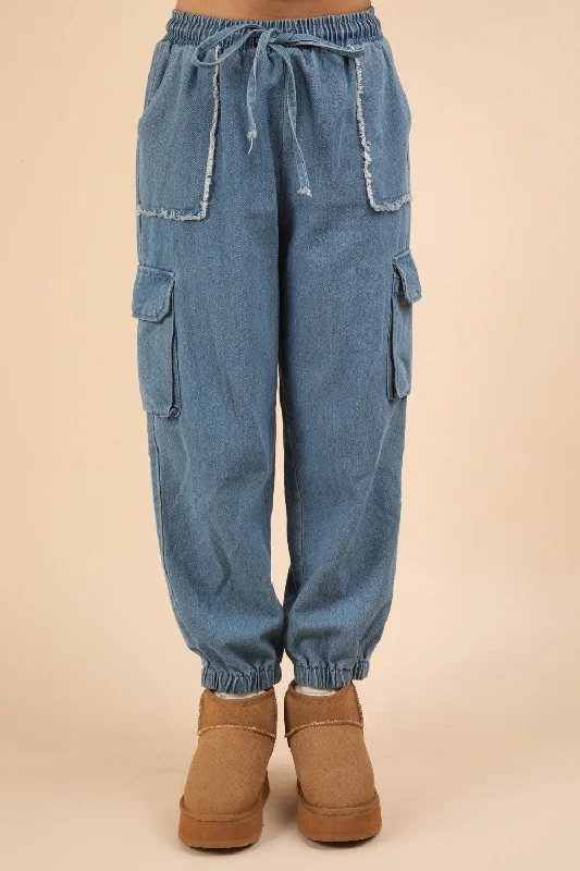 VERY J Washed Drawstring Jogger Cargo Jeans Classic Black Denim Jeans