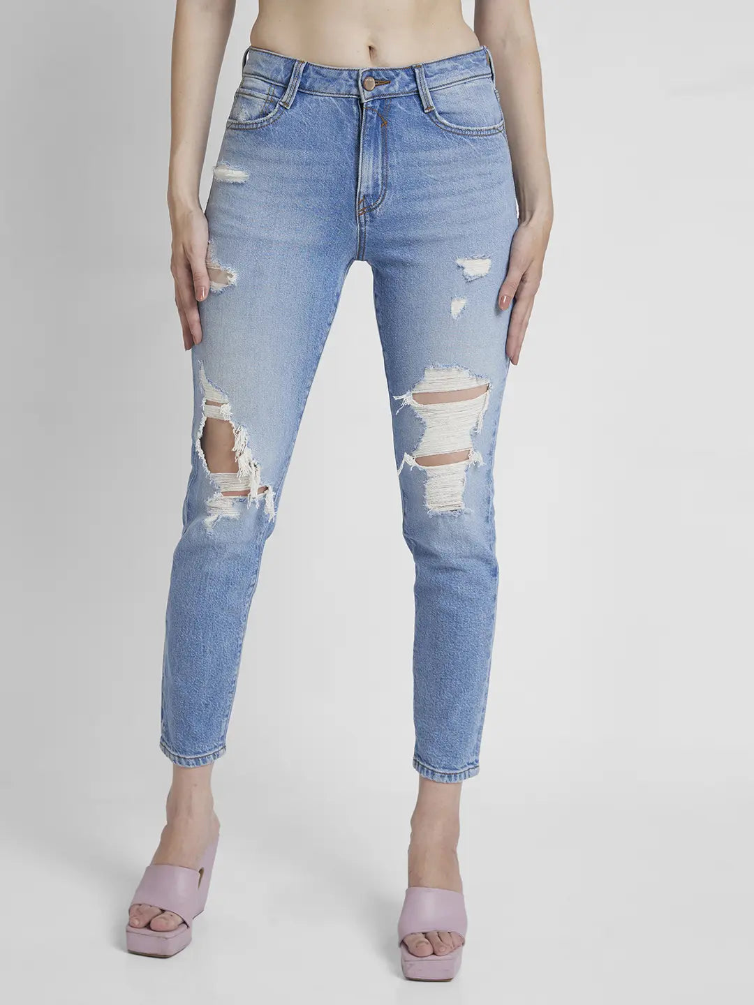 Spykar Women Light Blue Cotton Mom Fit Ankle Length Mild Distressed Jeans -(Amora) Fashionable Slim Fit Jeans
