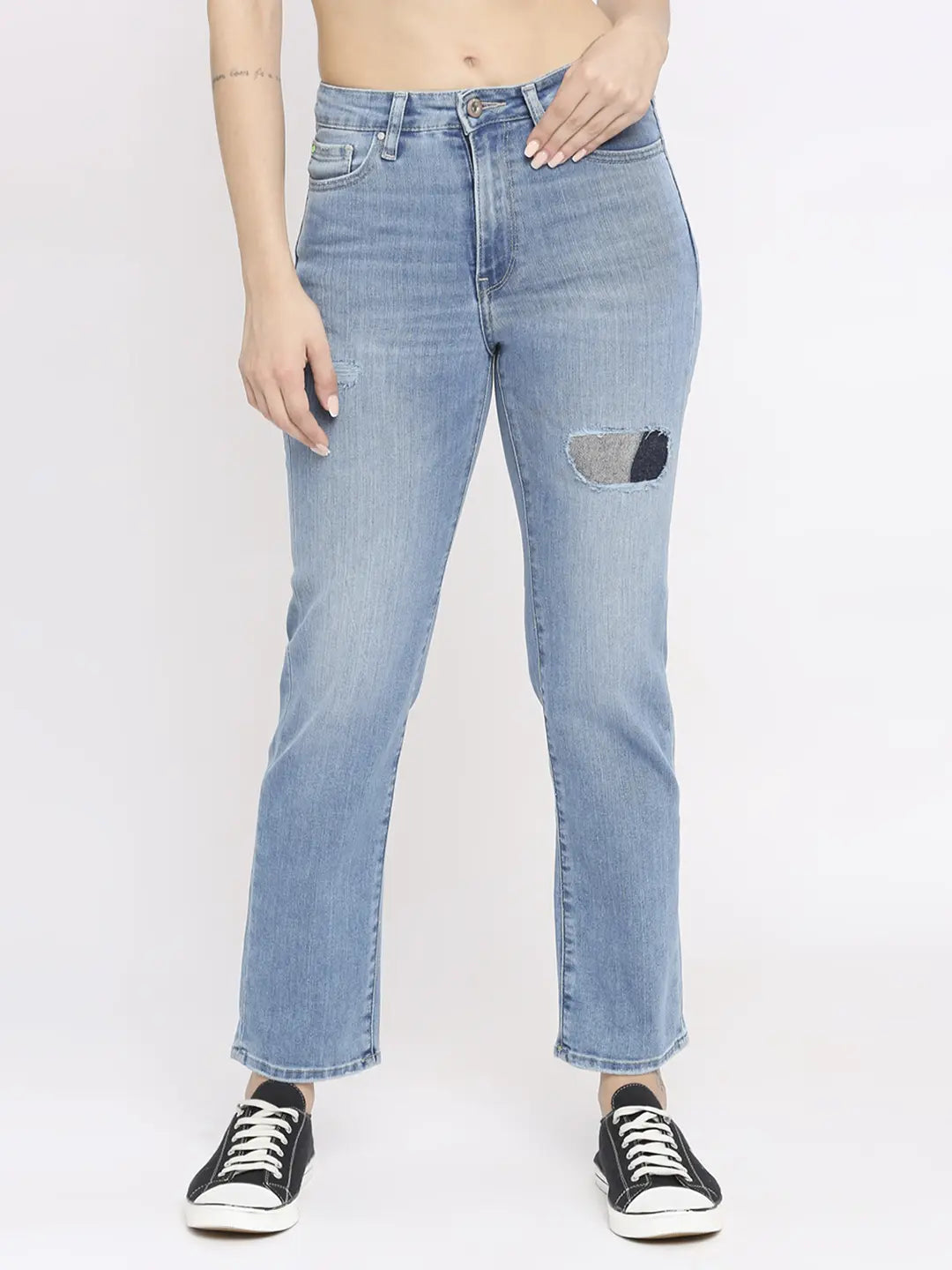 Spykar Women Light Blue Lycra Slim Straigth Fit - Highly Distressed Mid Rise Jeans-(Emma) Chic Double Waistband Jeans