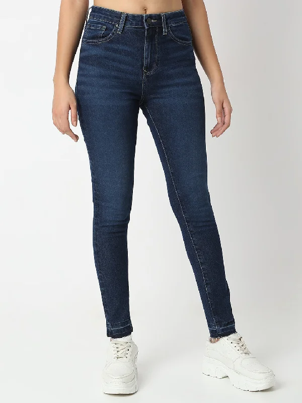 Spykar Dark Blue Super Skinny Fit High Rise Jeans For Women Fashionable Frayed Hem Denim