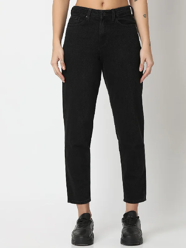 Spykar Black Mom Fit High Rise Jeans For Women Trendy Paperbag Waist Jeans