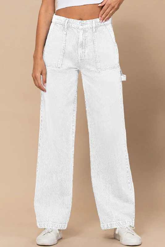White High Waist Flap Pocket Wide-Leg Jeans Trendy Low-Rise Slim Jeans