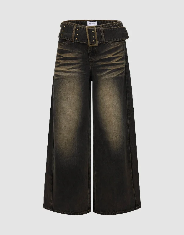 Wide-Leg Jeans With Belt Fashionable Vintage Wash Jeans