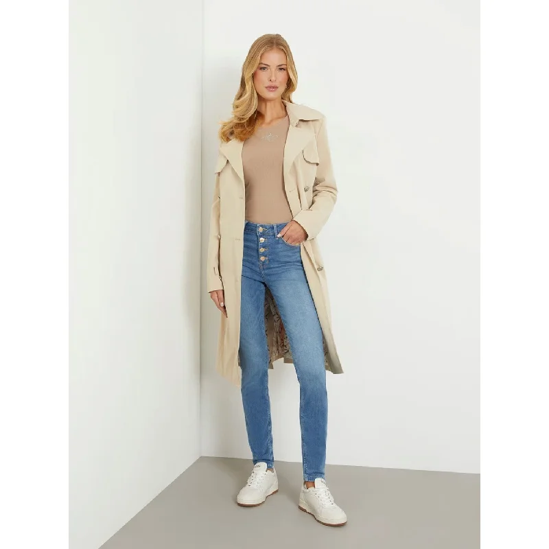Mid Blue High Rise Button Fly Skinny Jeans Fashionable Frayed Hem Denim