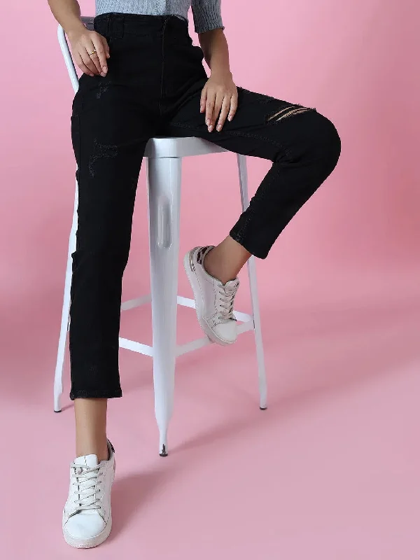 Women Black Solid Mom Fit Denim Jeans-GZ-5605-Black Trendy Acid Wash Skinny Jeans