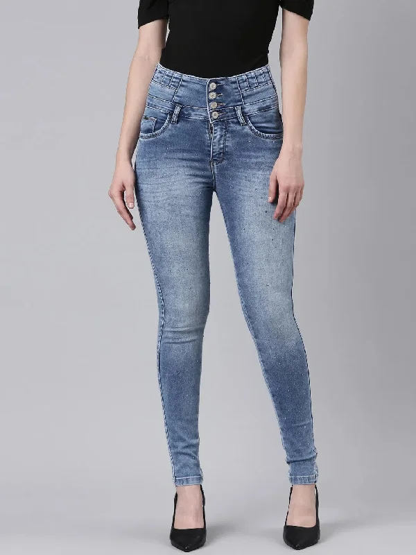 Women Blue Solid Slim Fit Denim Jeans-LT-022802-Blue Trendy Acid Wash Skinny Jeans