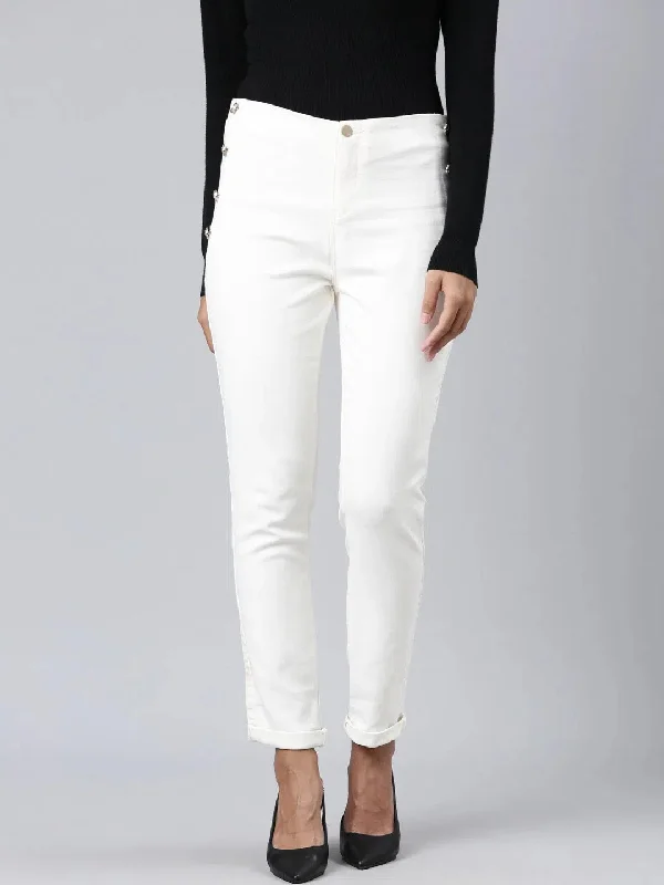Women Off White Solid Slim Fit Denim Jeans-LT-10381-Offwhite Chic Ripped Jeans