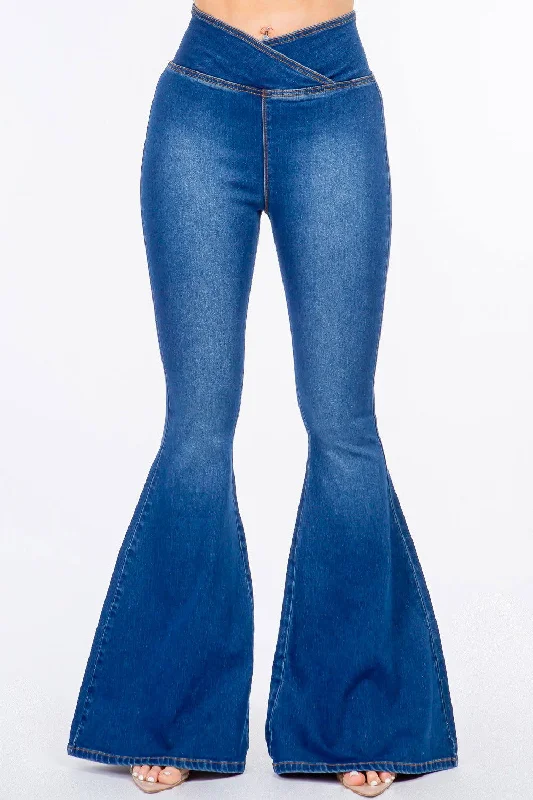 American Bazi High Waist Pull On Flare Jeans In Blue Trendy Cut-Off Denim Shorts