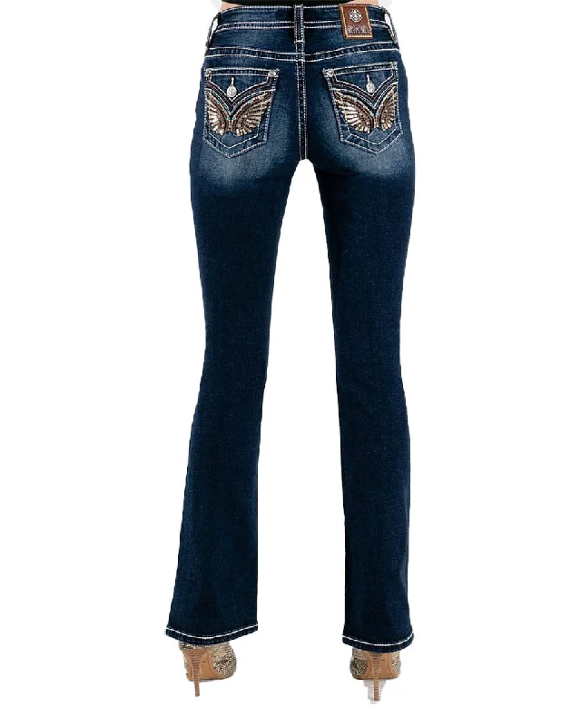 Women's Turquoise & Leather Angel Wing Bootcut Jeans Elegant Bootcut Fit Jeans