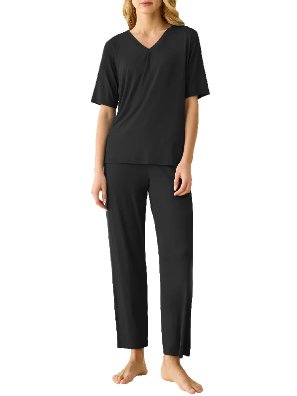 Women's Bamboo Viscose Pajama Set V-Neck Top Lounge Pants with Pockets Chic Black Leggings Women's Bamboo Viscose Pajama Set V-Neck Top Lounge Pants with Pockets Chic Black Leggings