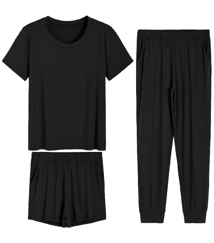 Women's 3 Pieces Bamboo Viscose Short Pajamas Set with Jogger Pants Classic Bootcut Trousers Women's 3 Pieces Bamboo Viscose Short Pajamas Set with Jogger Pants Classic Bootcut Trousers