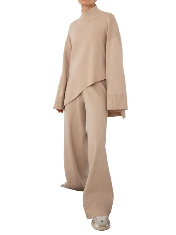 Asymmetrical Hem Knit Top and Pants Set High-Waist Yoga Pants