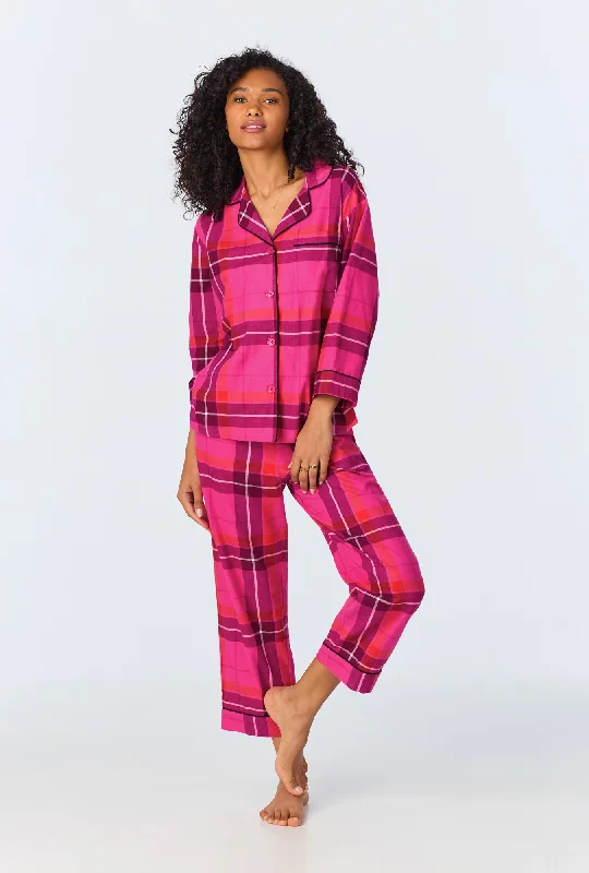 Aurora Plaid Women's 3/4-Sleeve Cropped Pant Flannel PJ Set Wide-Legged Palazzos