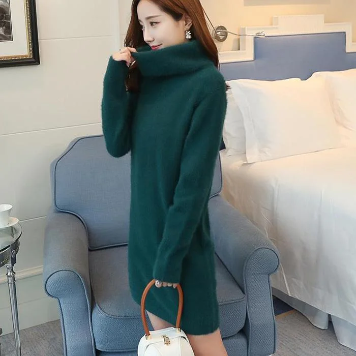 Autumn and Winter High-neck Thick Sweater Women's Imitation Mink Velvet Loose Knit Skirt Mid-length Bottoming Shirt denim skirt trendy
