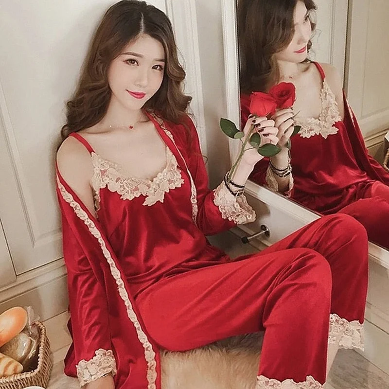 Autumn Winter Warm Pajamas Set Women Sling Deep Gold Velvet Sexy Homewear 3PCS Women Pajama Sets Long Pant Set Robe Women Stylish Casual Pants Autumn Winter Warm Pajamas Set Women Sling Deep Gold Velvet Sexy Homewear 3PCS Women Pajama Sets Long Pant Set Robe Women Stylish Casual Pants