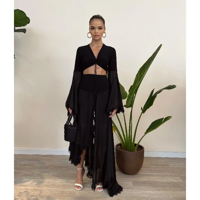 Black Modal Jersey Chiffon with Lace  Skirt relaxed fit skirt