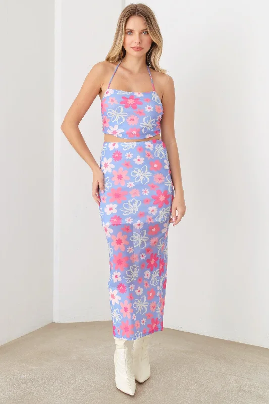 Summer Cute A Mesh Floral Crop Halter Top & Maxi Floral Side Slit Skirt Set denim skirt casual
