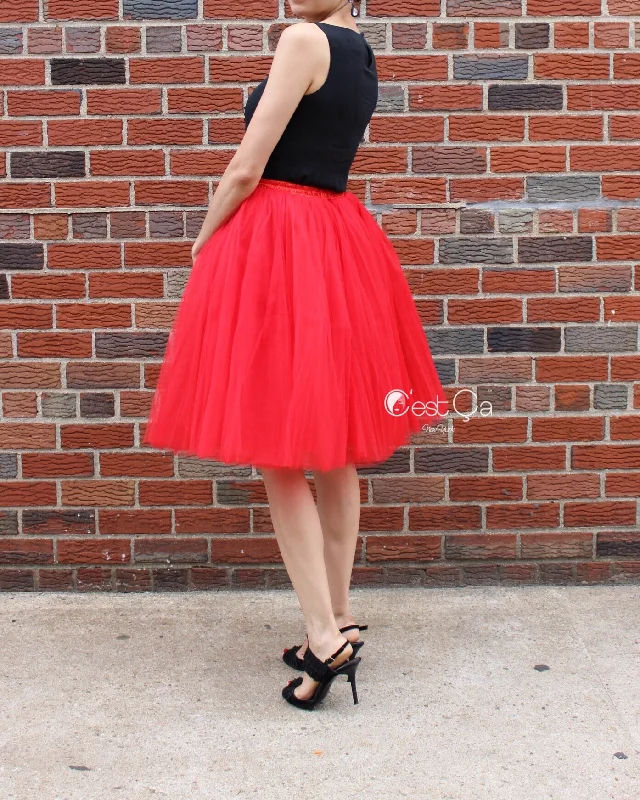Clarisa Red Tulle Skirt - Midi velvet skirt glossy