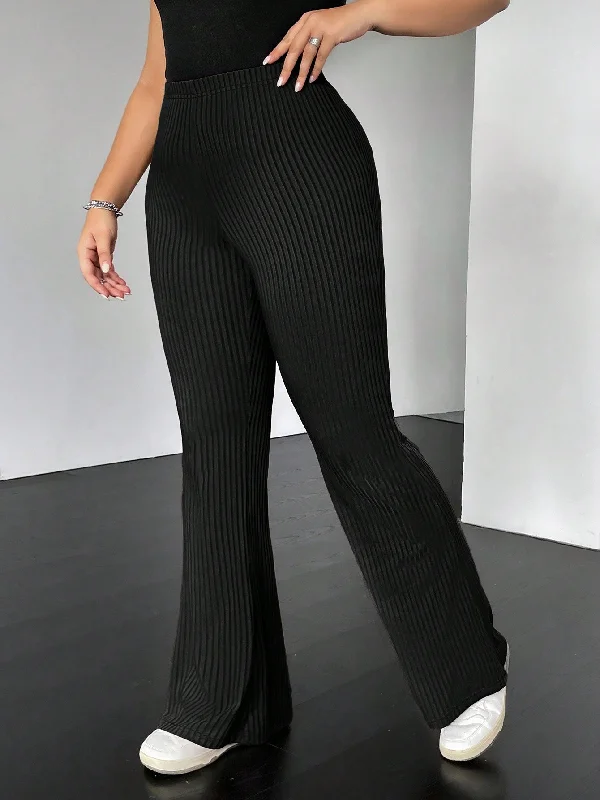 Coolane Plus Size Women'S Ribbed Flared Bell Bottom Pants Stylish Elastic Waist Pants