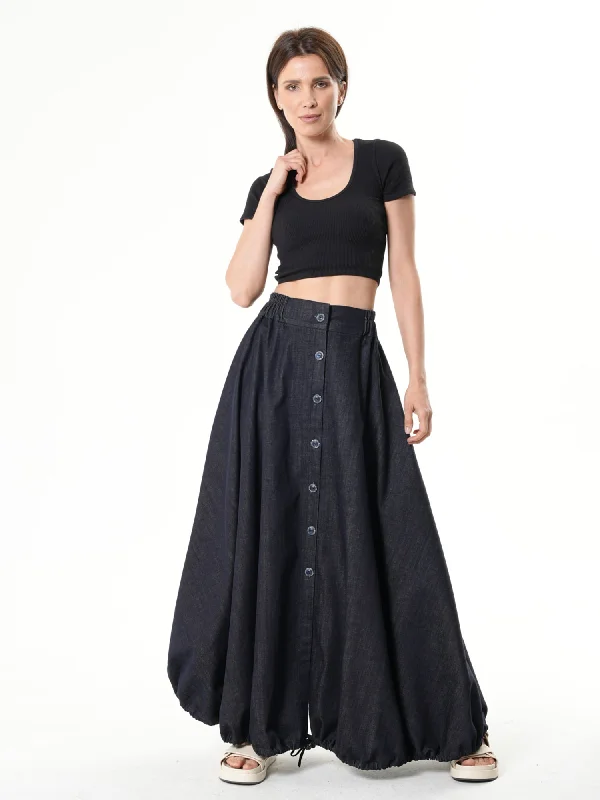 Dark Denim Skirt With Linen flowy skirt hem