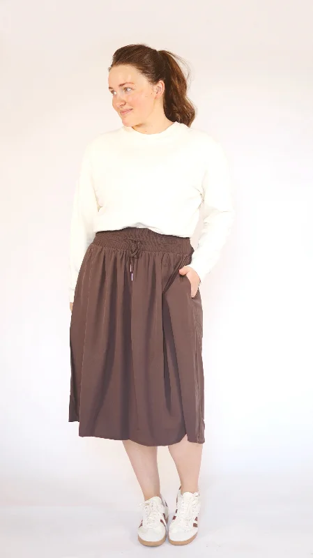 Drawstring Tech High Rise Skirt-Seal Brown silk skirt elegant