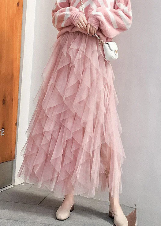 fashion Pink tulle pleated skirt Spring satin skirt smooth