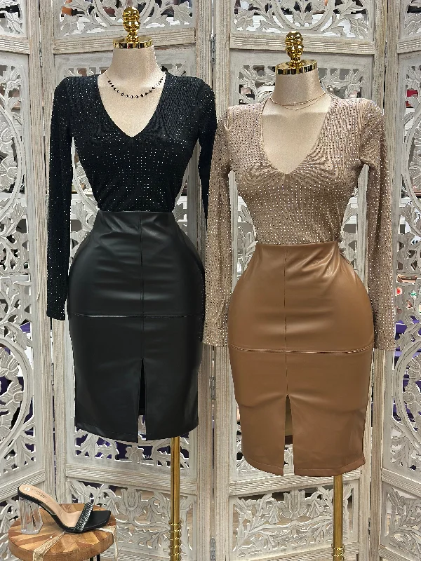 Faux Leather Slit Midi Skirt-Estira Poco, Slightly Stretchy spandex blend skirt