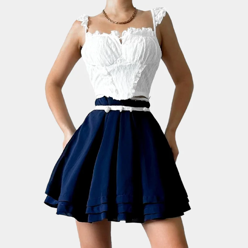 Forever 21 Navy Blue High Waisted Beaded Pleated Skater Flared Mini Skirt Size S corduroy skirt comfortable