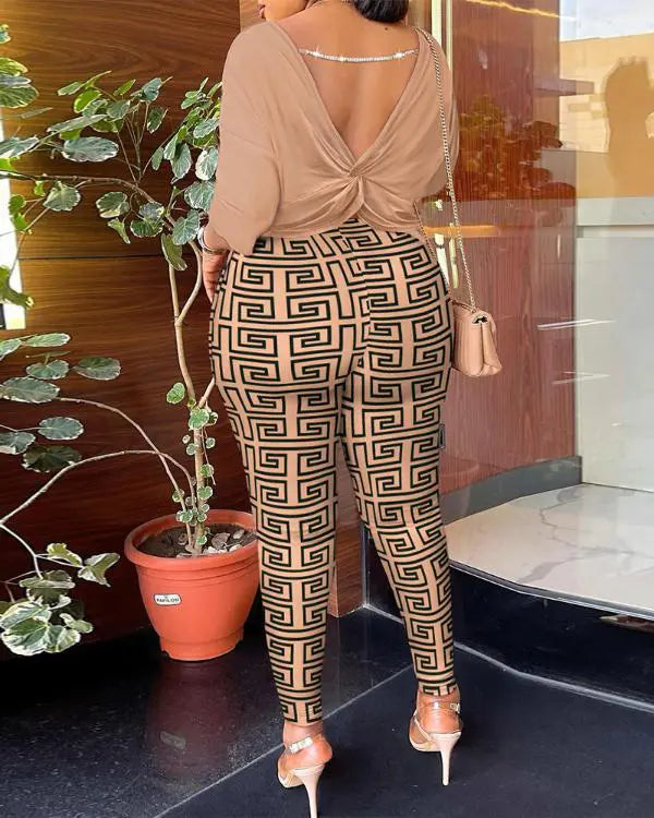 Geometric Print Twisted Backless Top & Pants Set Comfortable Cargo Pants