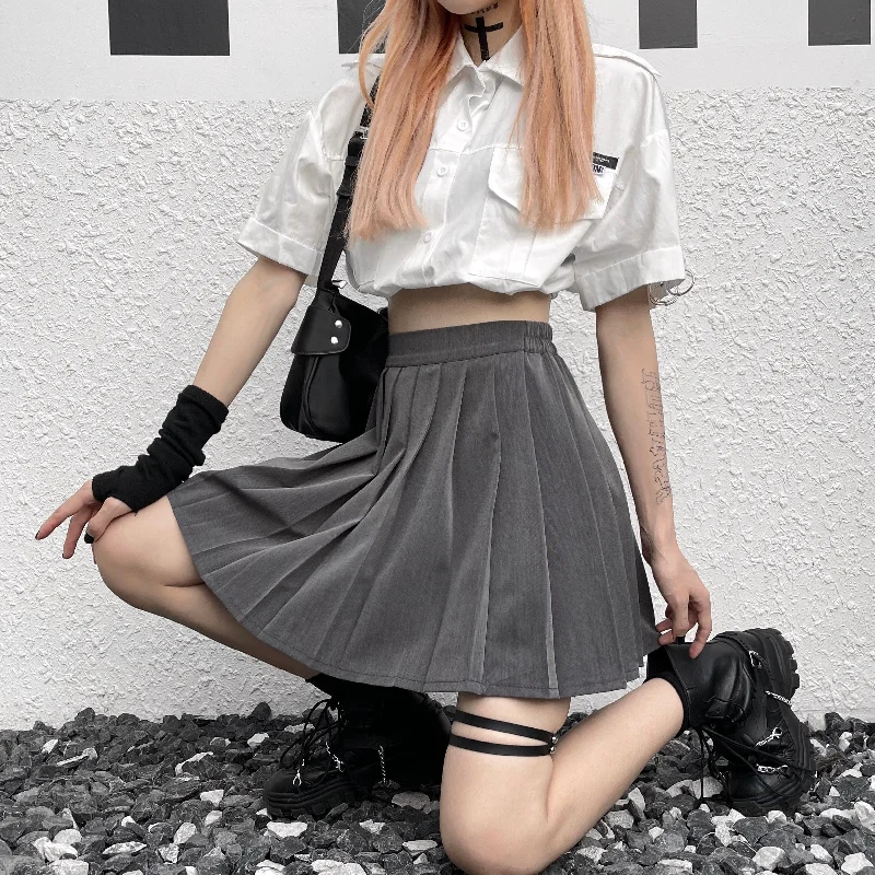 Harajuku Grey Pleated Skirt  PL52435 leather skirt refined