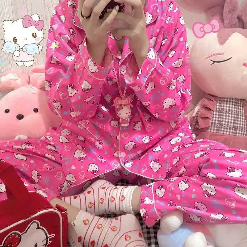 Hello Kitty Inspired Pink Long Sleeve Button Front Pajama Set with Pants Cute Kawaii Relaxed Casual Leggings Hello Kitty Inspired Pink Long Sleeve Button Front Pajama Set with Pants Cute Kawaii Relaxed Casual Leggings