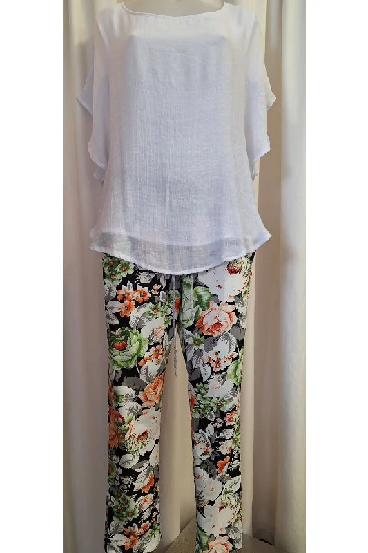 Italian Stretch Pants - Black, Orange & Green flowers Sleek Black Pants