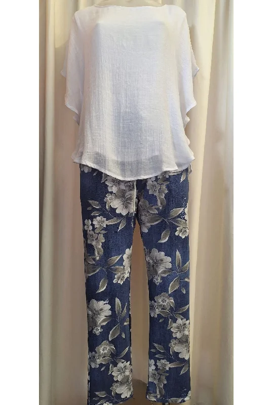 Italian Stretch Pants - Denim, White and Charcoal Flowers Stylish Harem Pants