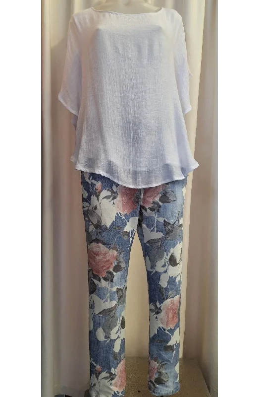 Italian Stretch Pants - Lt. Denim with Pink and White Flowers Modern Bootcut Pants