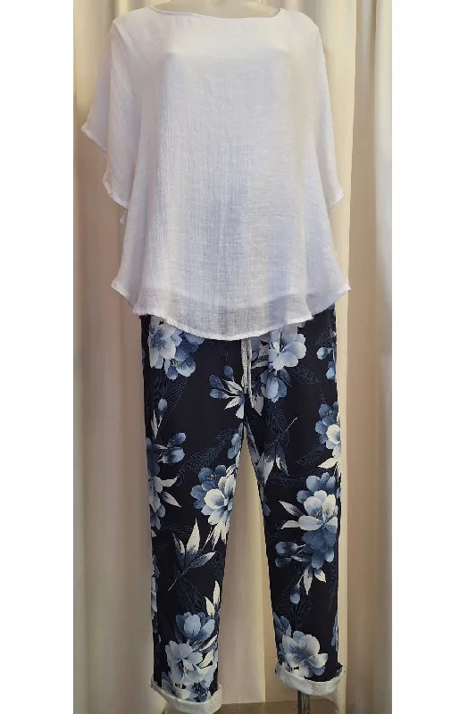 Italian Stretch Pants – Navy, Blue and White Flowers Formal Dress Pants